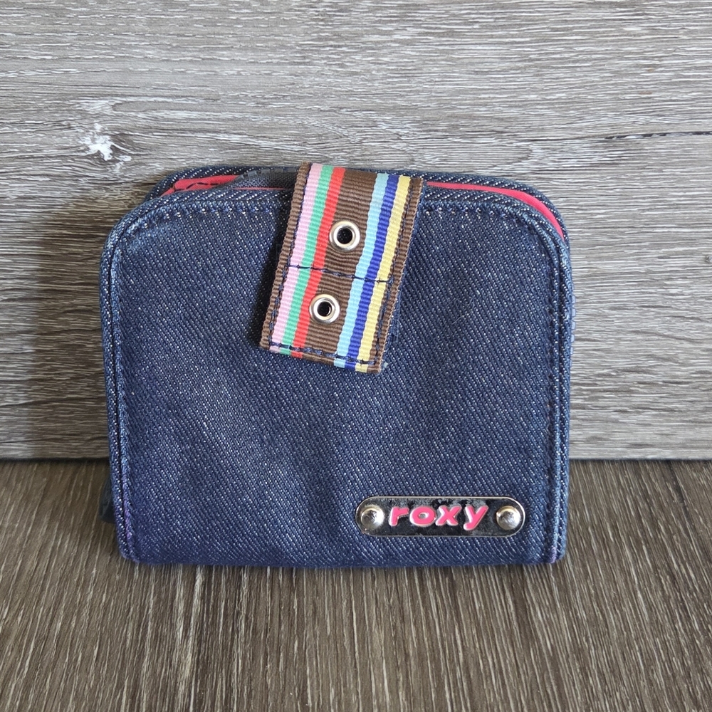 Vintage 90s Roxy Denim Zip Wallet in Blue with Multicolor Strap